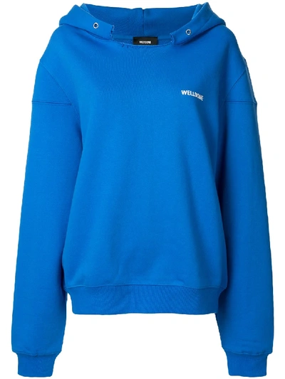 We11 Done Printed Logo Cotton Sweatshirt Hoodie In Blue