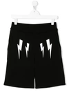 Neil Barrett Kids' Lightning Bolt Print Cotton Sweat Shorts In Black