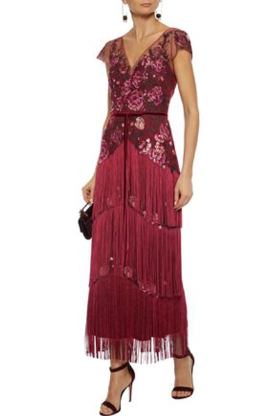 Marchesa Notte Fringed Embellished Tulle Midi Dress In Plum
