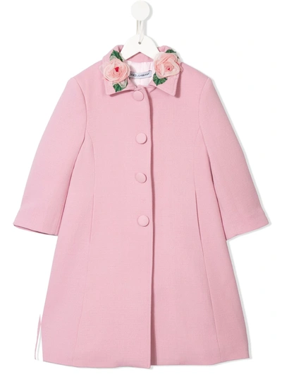 Dolce & Gabbana Kids' Rose Detail Single-breasted Coat In Pink