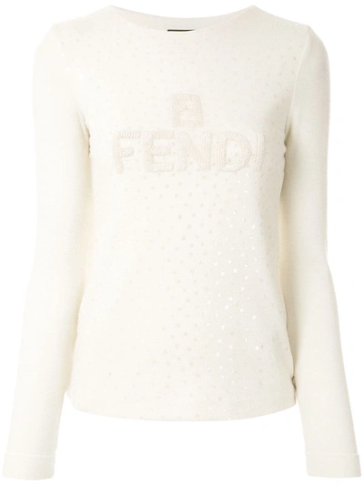 Pre-owned Fendi Logo Texture Sequinned Jumper In White
