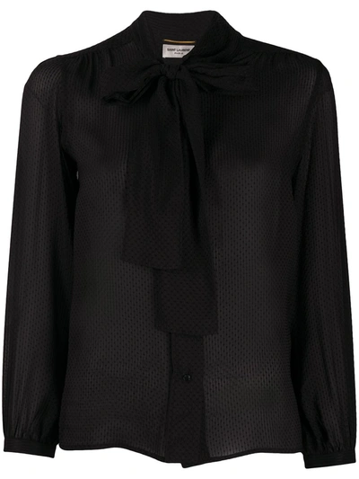 Saint Laurent Textured Pussy-bow Blouse In Black
