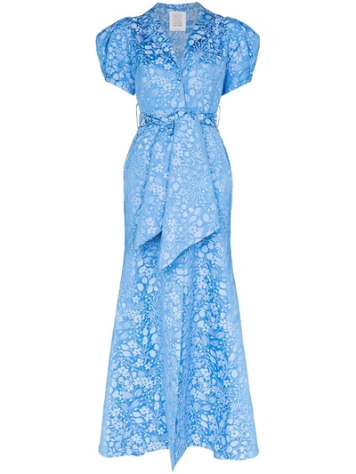 Rosie Assoulin 泡泡袖提花超长连衣裙 In Blue