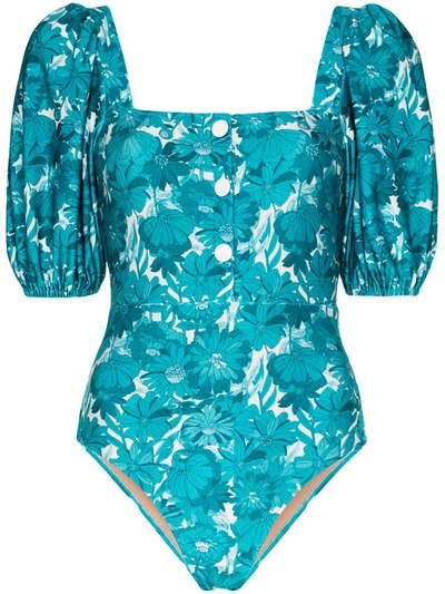 Adriana Degreas Pouf-sleeve Floral Print Swimsuit In Blue