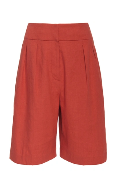 Brunello Cucinelli Stretch Linen & Cotton Pleated Bermuda Shorts In Rosso