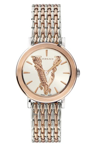 Versace Virtus Leather Strap Watch, 36mm In Champagne Gold/ Silver