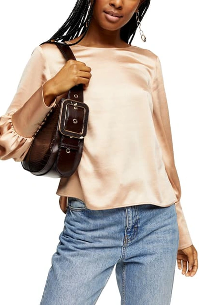Topshop Tie Back Long Sleeve Satin Blouse In Cream