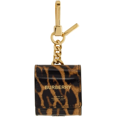 Burberry Leopard-print Patent-leather Earphone Case In Brown