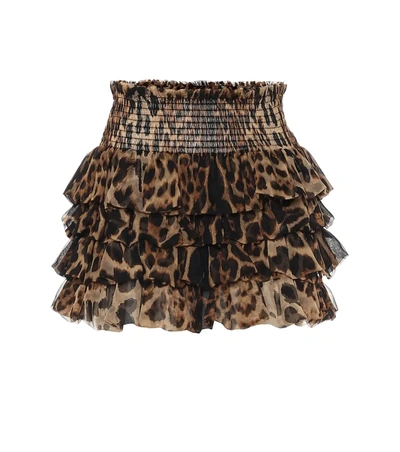 Saint Laurent Ruffled Leopard Print Silk Mini Skirt In Brown