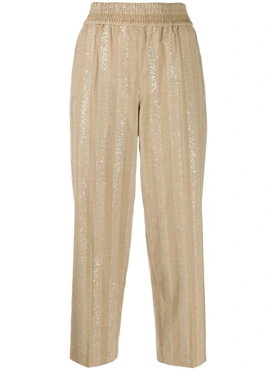 Brunello Cucinelli Striped Sequined Cropped Trousers In Neutrals