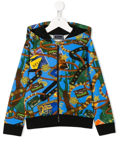 Young Versace Kids' Graphic-print Zipped Hoodie In Blue
