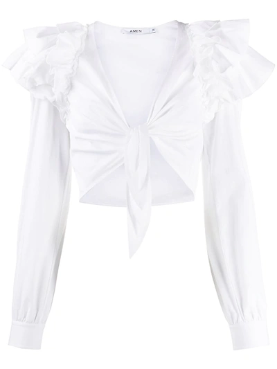 Amen Ruffled Tie-front Cropped Blouse In White
