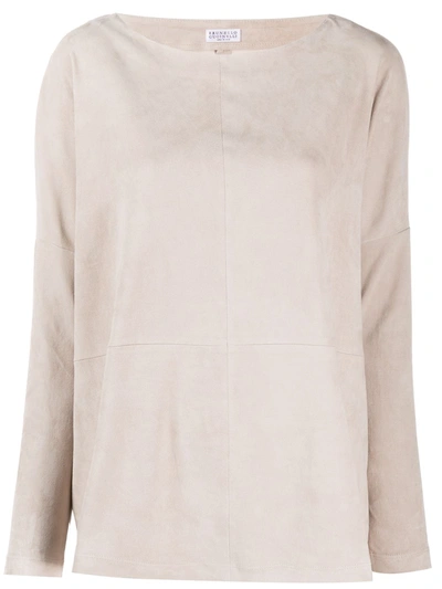 Brunello Cucinelli Leather Sweater In Beige