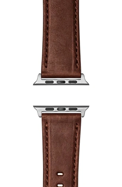 Shinola Leather Apple Watch Strap In Cattail Brown/ Silver Plating