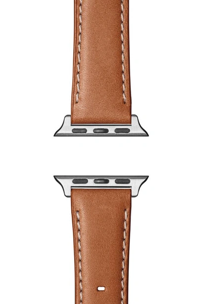 Shinola Aniline Leather 21mm Apple Watch® Watchband In Largo Tan/ Silver Plating