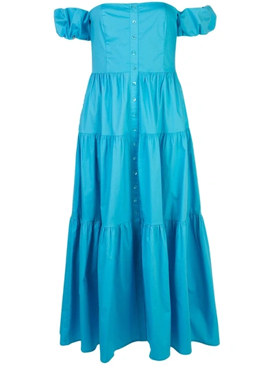 Staud Elio Off-the-shoulder Tiered Stretch-cotton Poplin Midi Dress In Blue-med