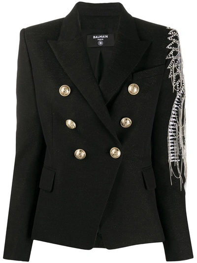 Balmain Chain-embroidered Double-breasted Blazer In Black