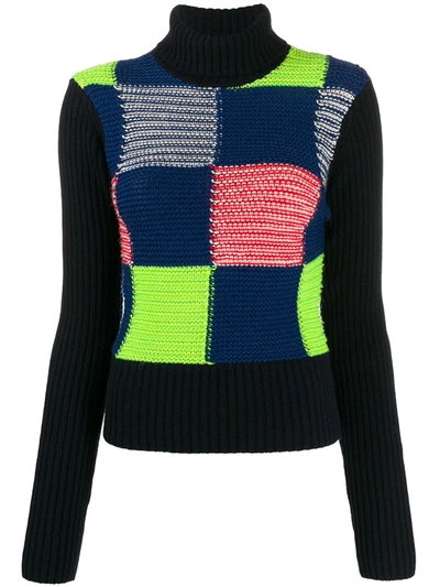 Victoria Beckham Turtleneck Patchwork Rib Wool Knit Sweater In Blue