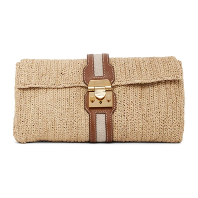 Mark Cross Sylvette Leather And Canvas-trimmed Woven Raffia Clutch In Acorn