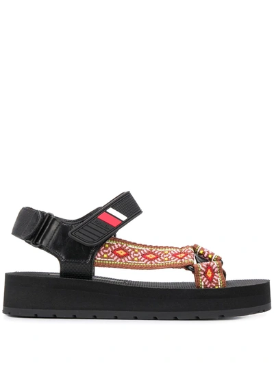 Prada Nomad Logo-embossed Rubber And Leather-trimmed Canvas Sandals In Black/brown/pink