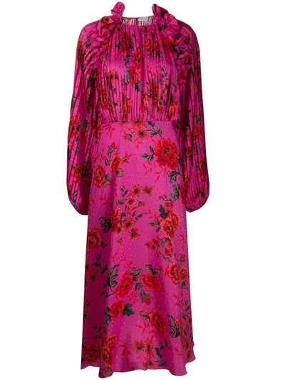 Magda Butrym Dover Pleated Floral-print Silk-satin Jacquard Midi Dress In Pink