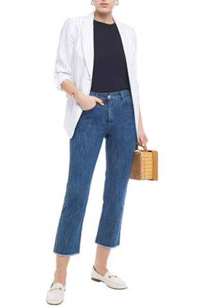Michael Kors Cropped Frayed Mid-rise Straight-leg Jeans In Mid Denim