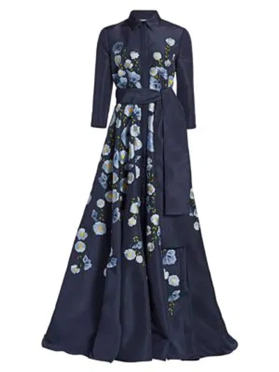 Carolina Herrera Floral Embroidered 3/4-sleeve Silk Trench Gown In Navy Multi