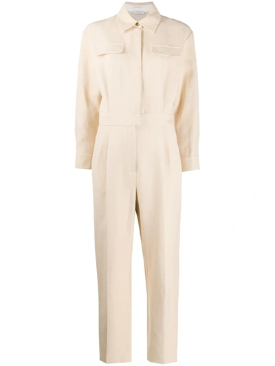 Sandro Uno Pleated Cotton And Linen-blend Twill Jumpsuit In Beige