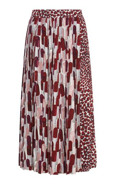 Prada Printed Pleated Sable Midi Skirt In Red