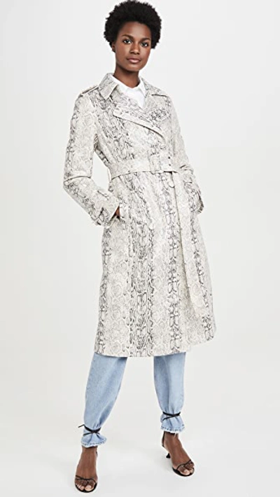 Avec Les Filles Snake Print Double Breasted Faux Leather Trench Coat In Ivory Snakeskin