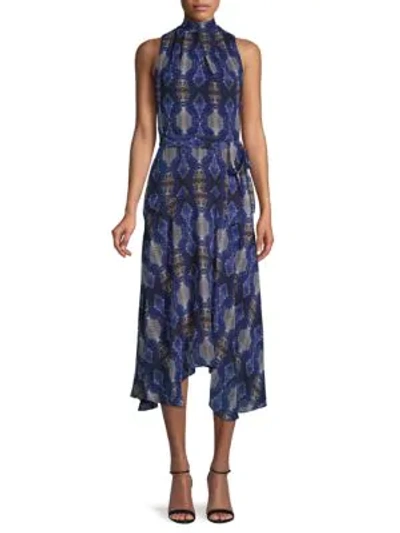 Calvin Klein Snakeskin-print Belted Midi Dress In Blue