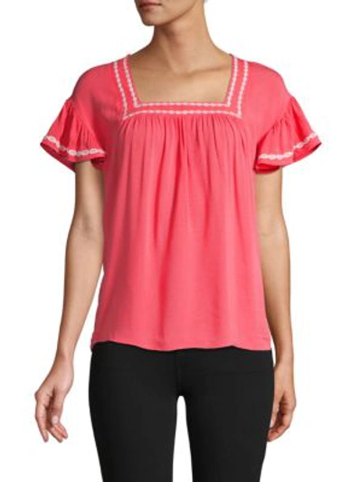 Design History Embroidered-trimmed Flutter-sleeve Top In Coral Punch
