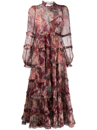 Zimmermann Wavelength Floral Teired Ruffle Silk Midi Dress In Sclflr