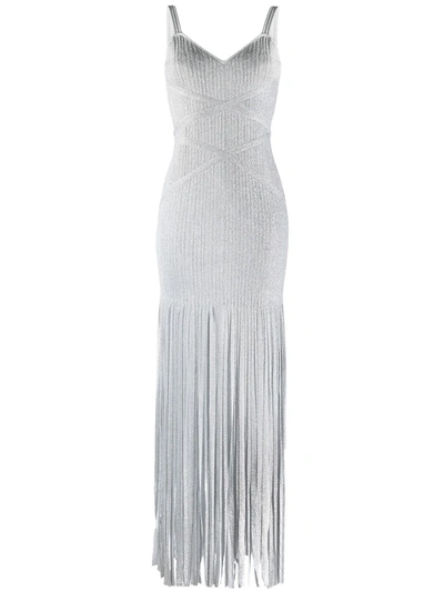 Herve Leger Fringed Metallic Ribbed Mesh Maxi Dress In Silver