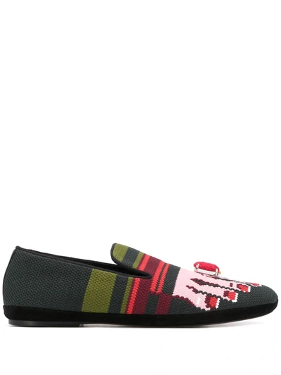 Loewe Embellished Intarsia Canvas Loafers In Green