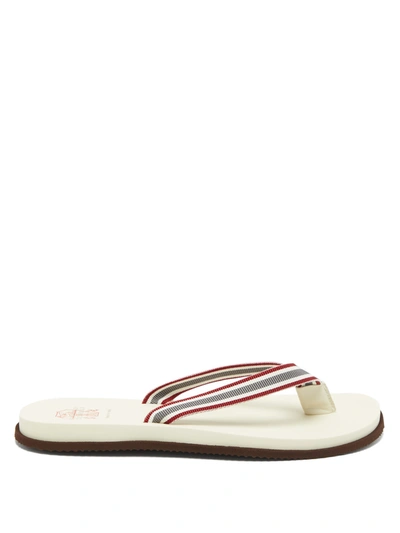 Brunello Cucinelli Striped Webbing, Leather And Rubber Flip Flops In White