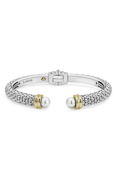 Lagos Sterling Silver And 18k Yellow Gold Luna Cultured Freshwater Pearl Cuff In White/silver