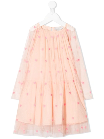 Stella Mccartney Kids' Girl's Embroidered Hearts Long-sleeve Tulle Dress In Pink