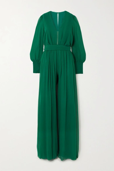 Costarellos Long Sleeve Silk Chiffon Jumpsuit With Tonal Belt In Forest Green