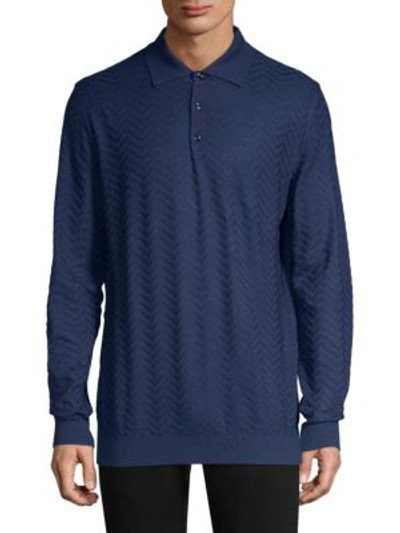 Larusmiani Long-sleeve Wool Jacquard Polo In Navy Blue