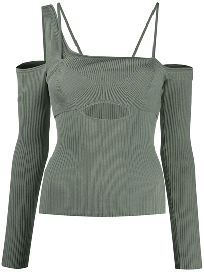Jacquemus Figuerolles Cold-shoulder Stretch-knit Top In Green