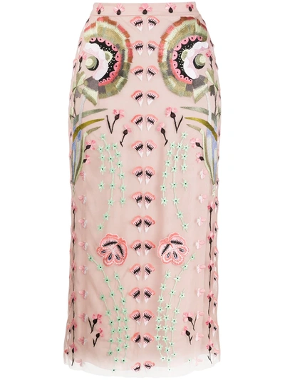 Temperley London Fitted Embroidered Floral Silk Skirt In Pink