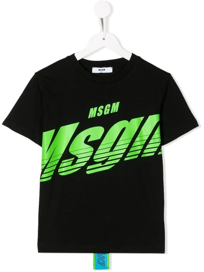 Msgm Kids' Black T-shirt With Green Press And Back Application In Nero