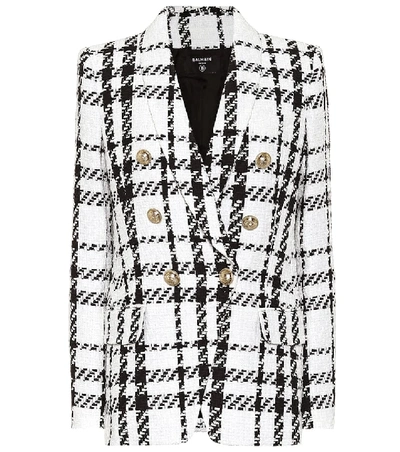 Balmain Double Breasted Check Tweed Jacket In White/black
