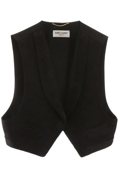 Saint Laurent Cropped Waistcoat With Jacquard Flowers In Black