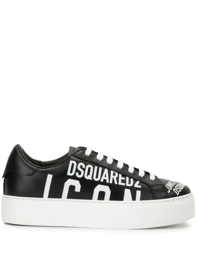 Dsquared2 Logo Print Platform Trainers In Nero/bianco