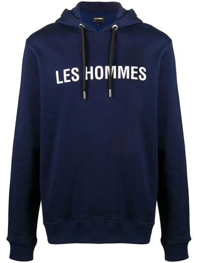 Les Hommes Logo Print Relaxed Fit Hoodie In Blue