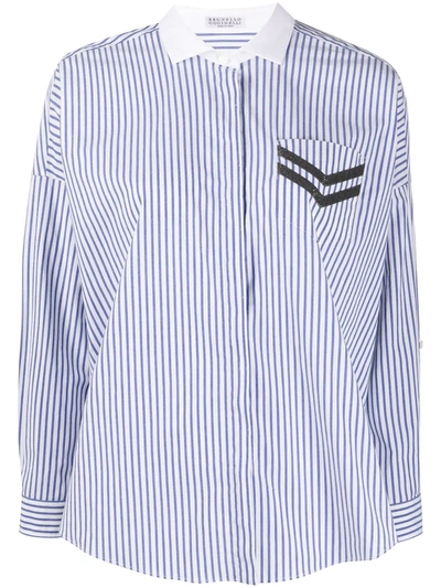 Brunello Cucinelli Embellished Pocket Striped Shirt In Blue