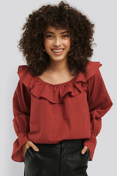 Na-kd Frilled Wide Neck Blouse - Red In Rose