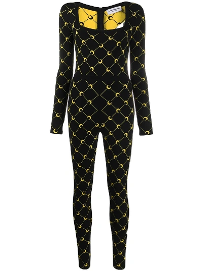 Marine Serre Moon Grid Long Sleeve Jacquard Jumpsuit In Black With Yellow Moon